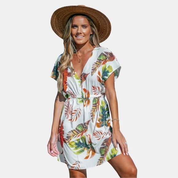 Women's Tropical Plunging Dolman Sleeve Cover-Up Mini Dress L - Picture 6 of 6